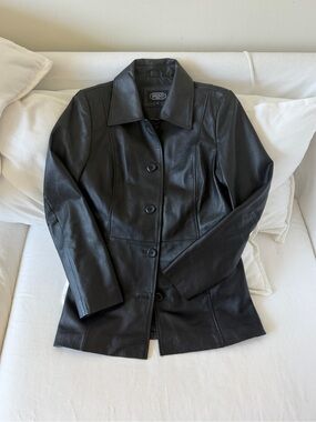 Women's Black Leather Button-Front Jacket, size Small
